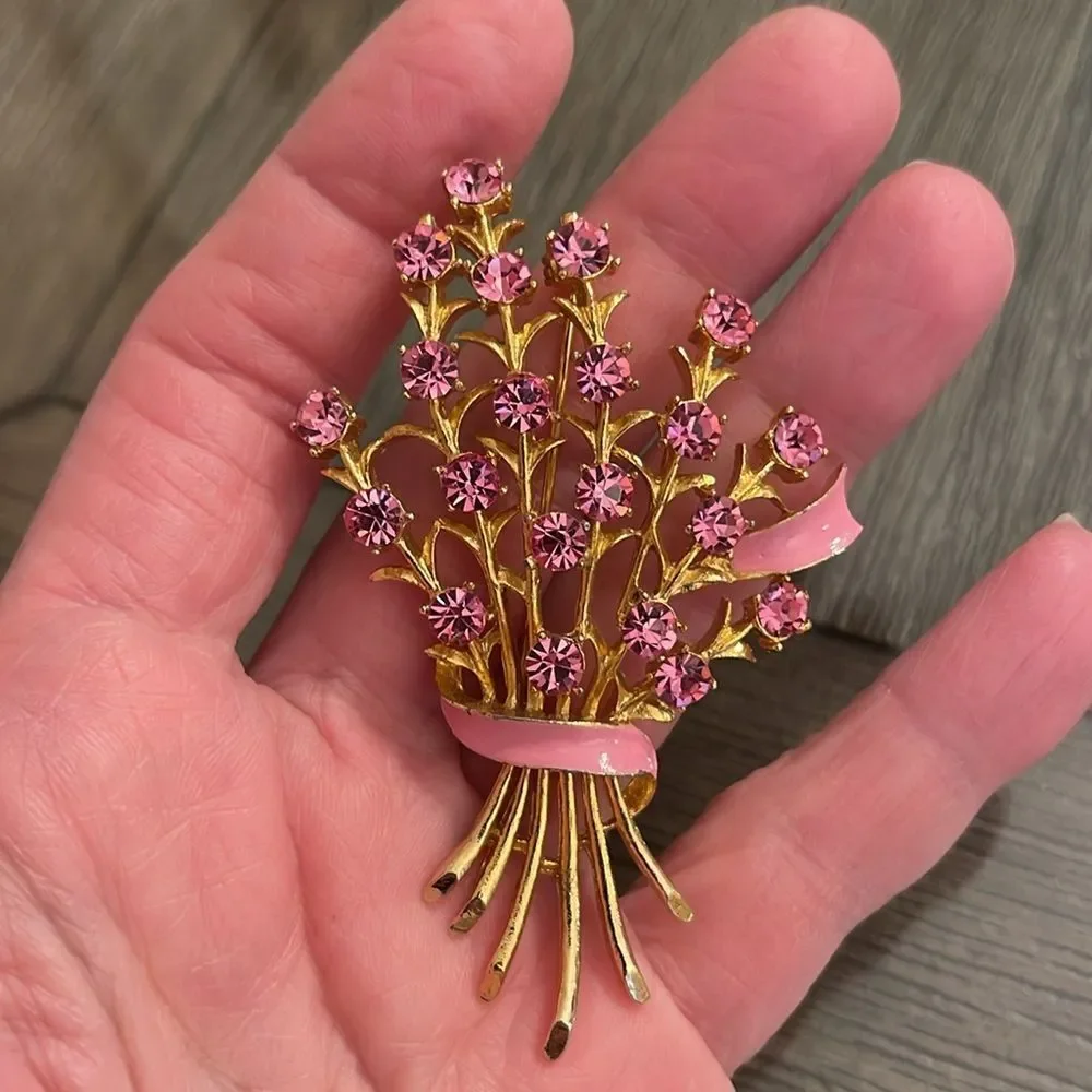 Vintage Pin Rhinestone Brooch Floral Bouquet with Pink Enamel Accents